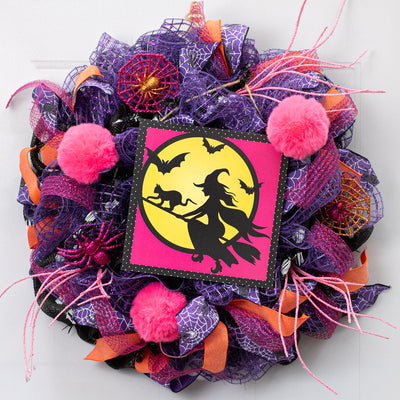 10" Square Wooden Sign: Witch Flying in Moon on Pink