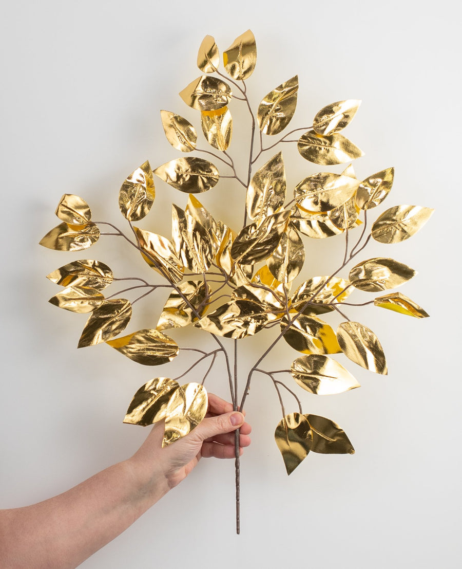 23" Metallic Ficus Leaf Spray: Gold (12)