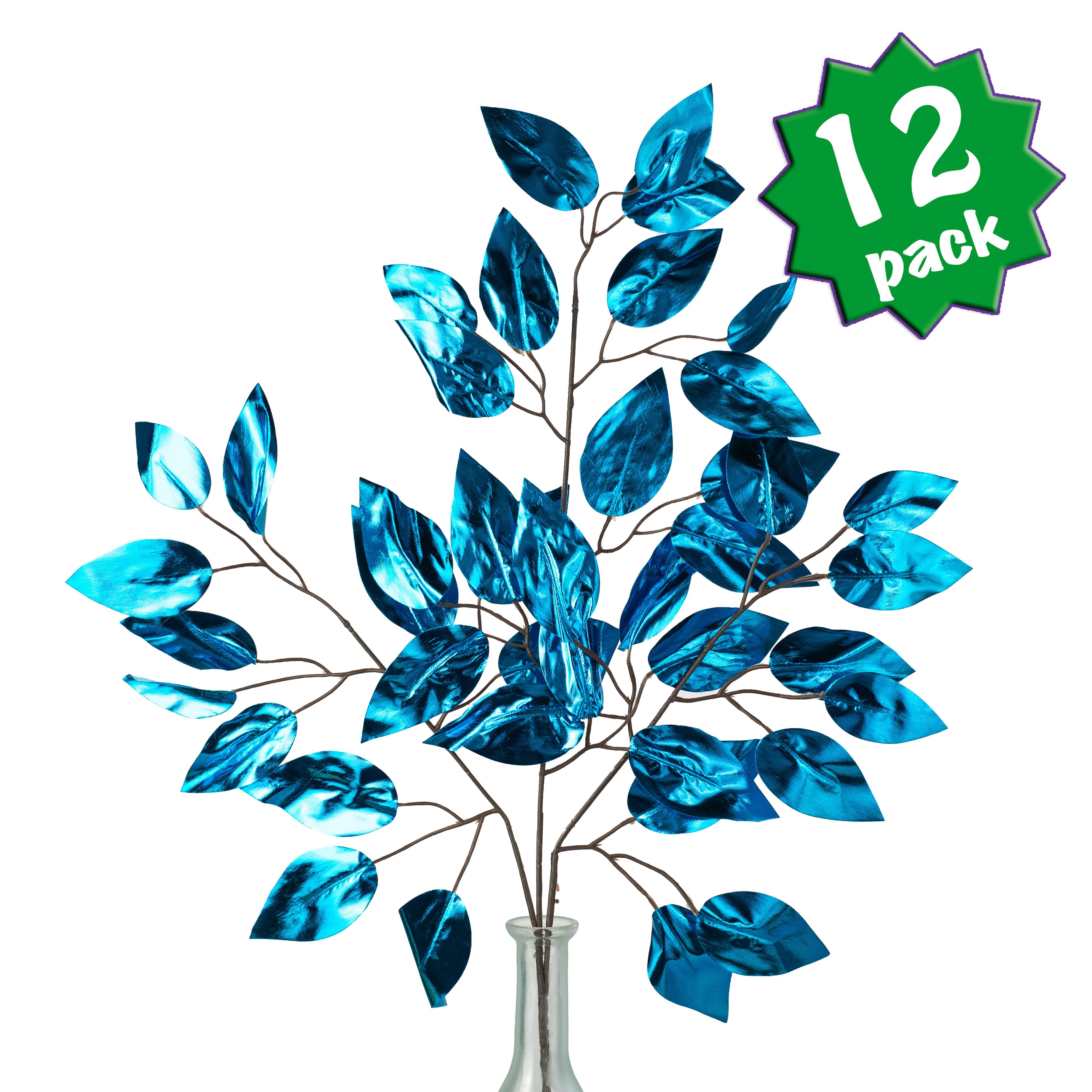 23" Metallic Ficus Leaf Spray: Ice Blue (12)