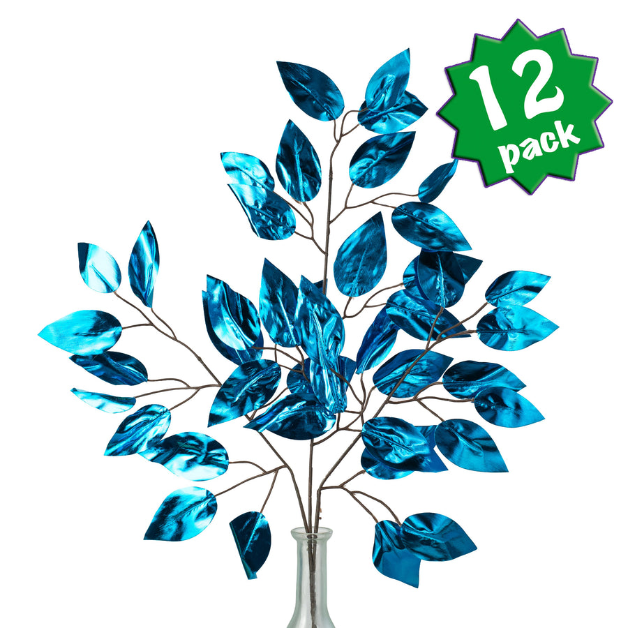 23" Metallic Ficus Leaf Spray: Ice Blue (12)