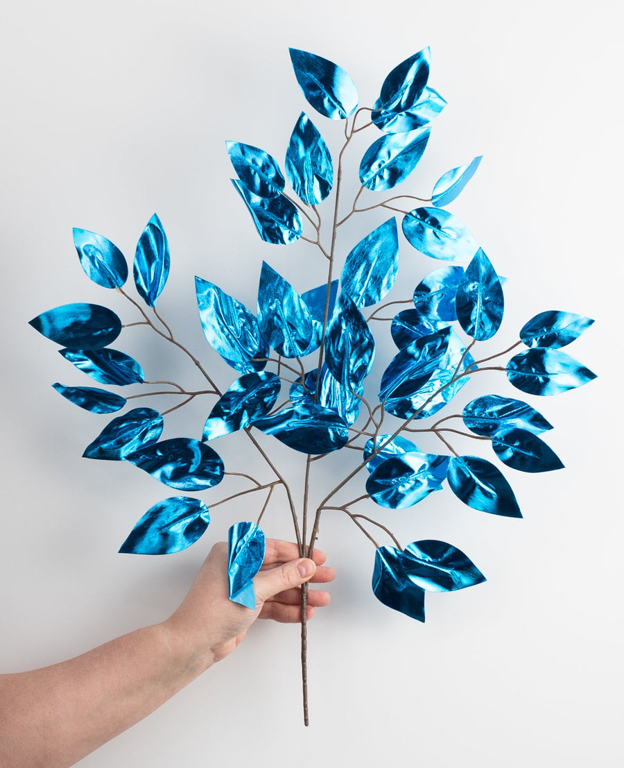 23" Metallic Ficus Leaf Spray: Ice Blue (12)