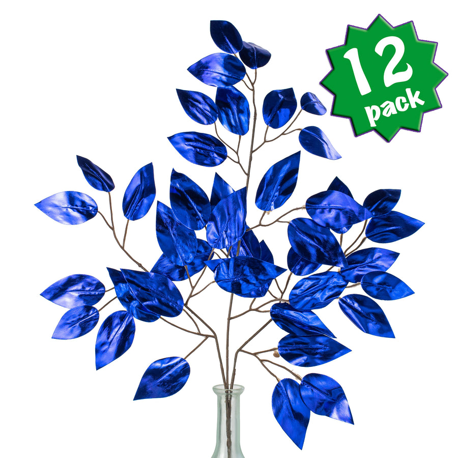 23" Metallic Ficus Leaf Spray: Royal Blue (12)