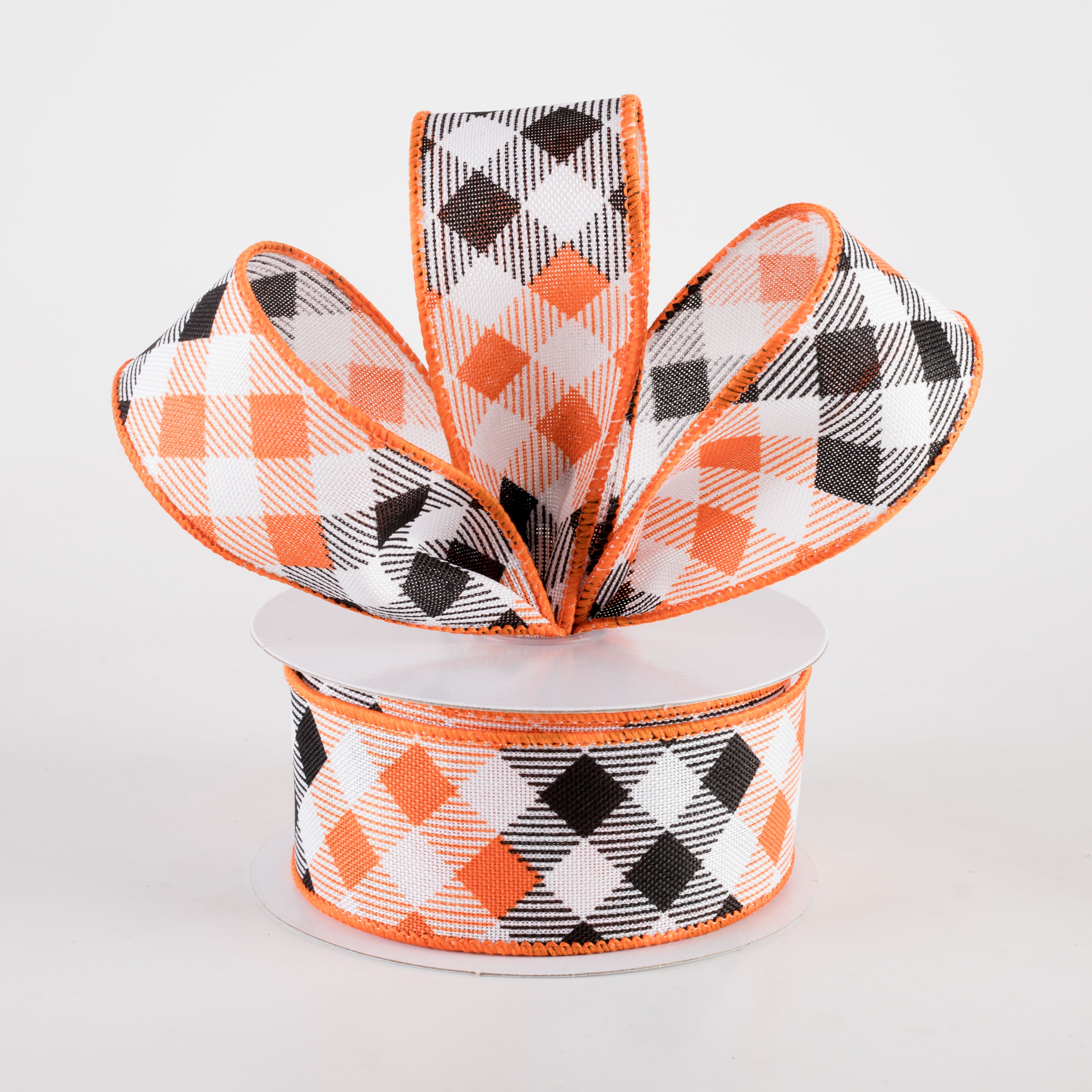 1.5" Linen Diamond Ombré Check Ribbon: Orange & Black (10 Yards)