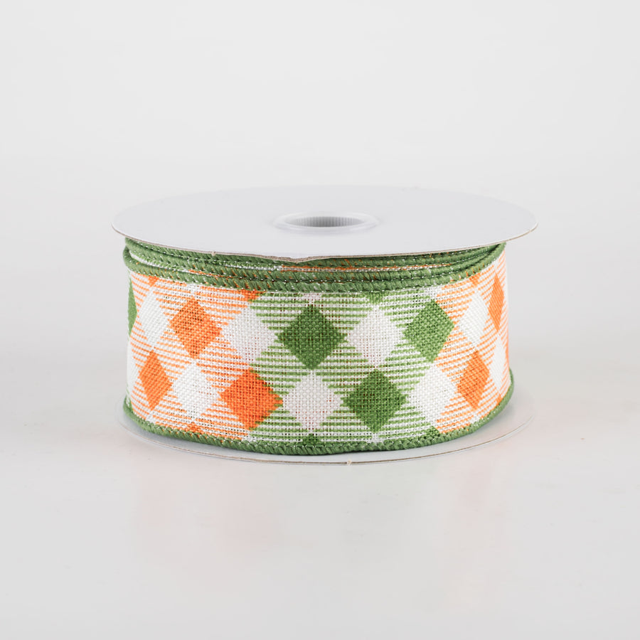 1.5" Linen Diamond Ombré Check Ribbon: Orange & Moss Green (10 Yards)