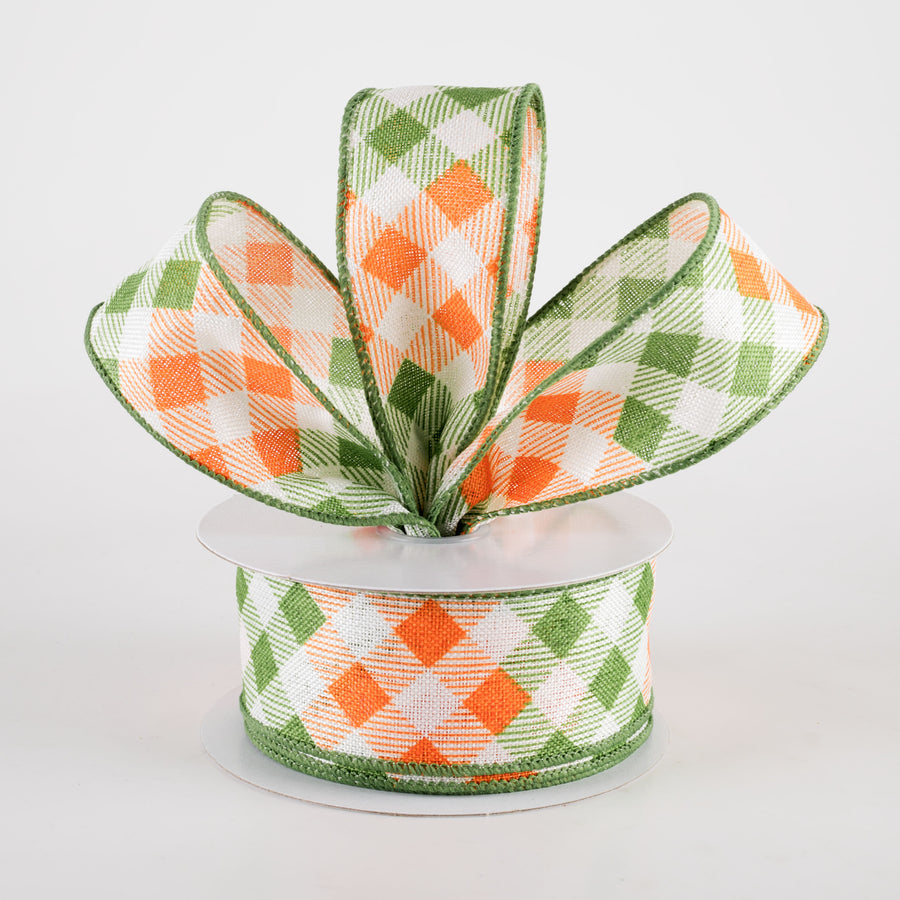 1.5" Linen Diamond Ombré Check Ribbon: Orange & Moss Green (10 Yards)