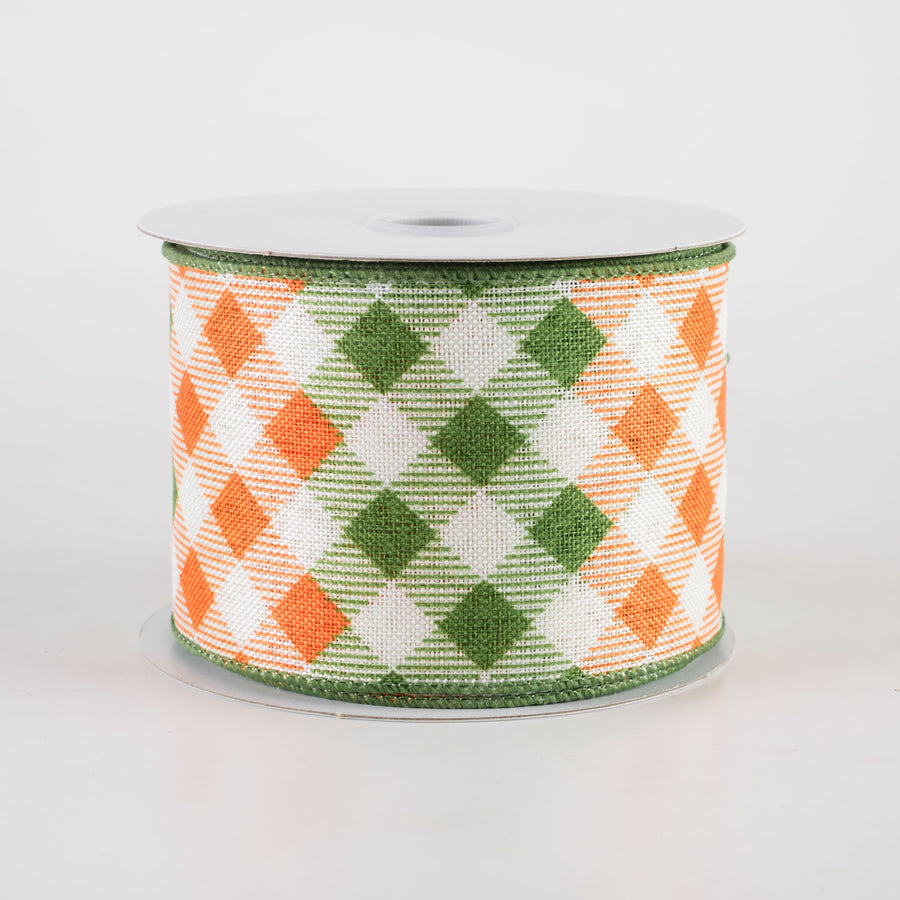 2.5" Linen Diamond Ombré Check Ribbon: Orange & Moss Green (10 Yards)