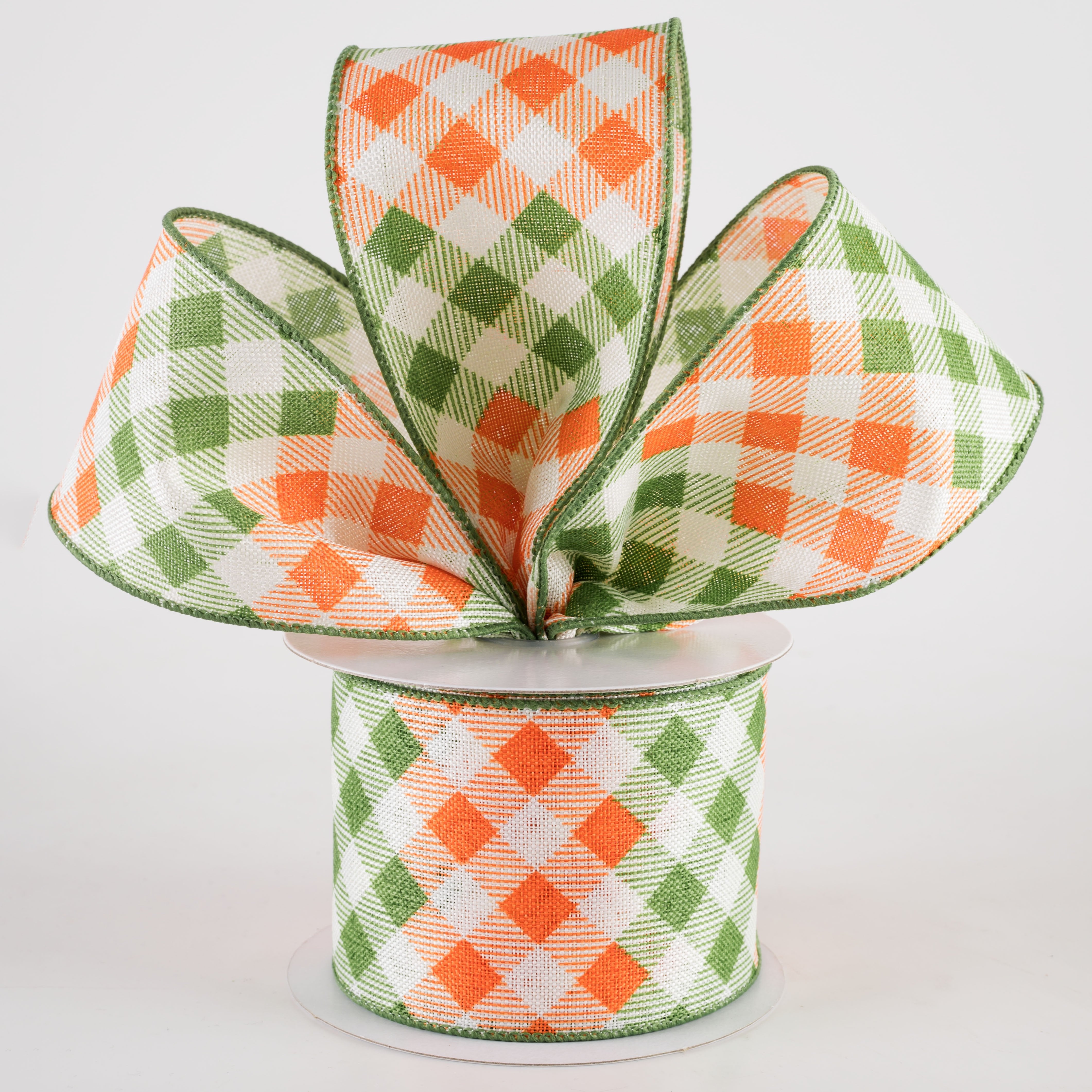 2.5" Linen Diamond Ombré Check Ribbon: Orange & Moss Green (10 Yards)
