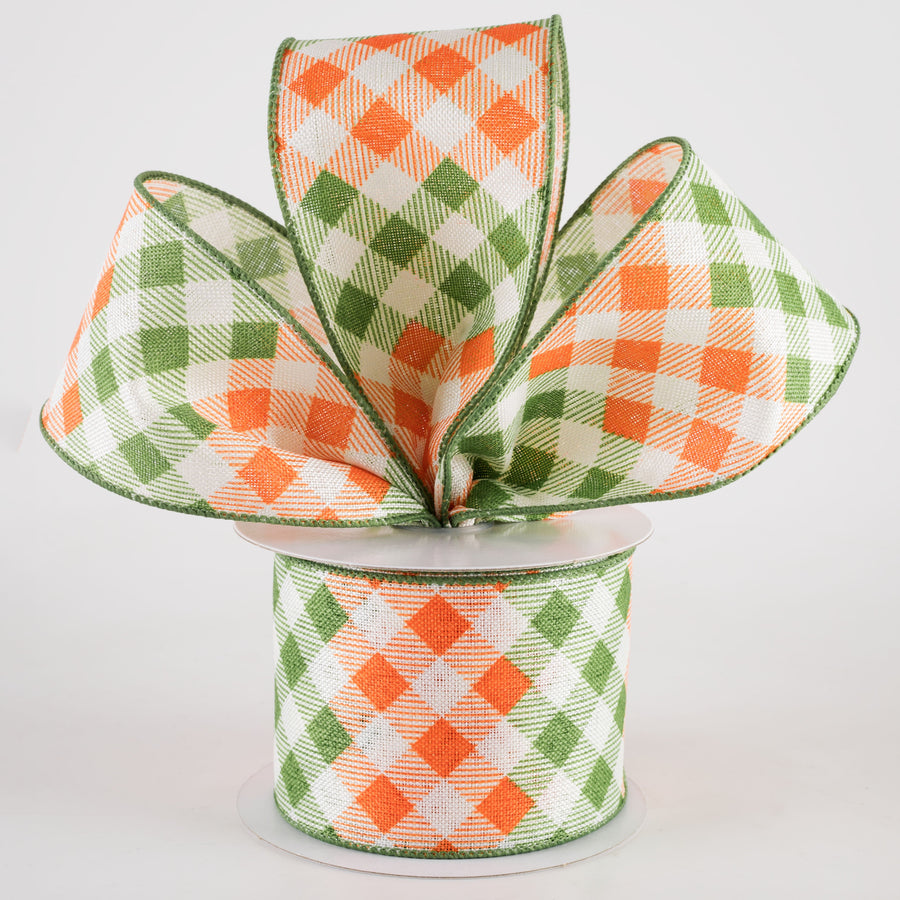 2.5" Linen Diamond Ombré Check Ribbon: Orange & Moss Green (10 Yards)