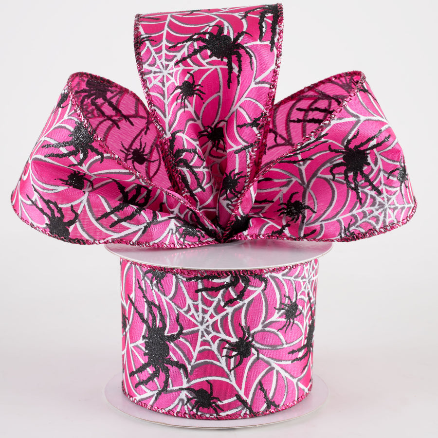 2.5" Spider & White Spiderwebs Ribbon: Fuchsia Pink (10 Yards)