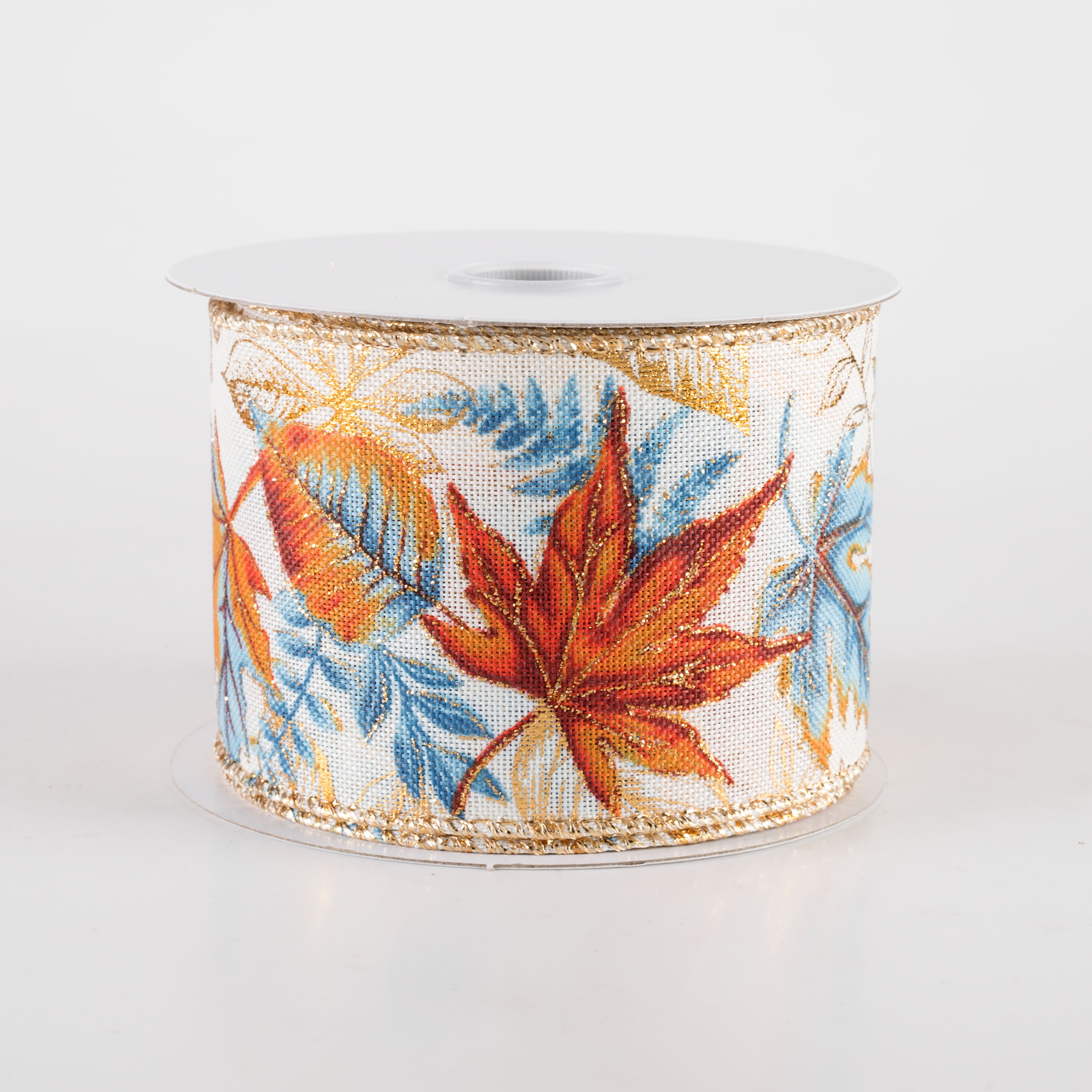 2.5" Linen Metallic Fall Leaves & Ferns Ribbon: Smoke Blue & Orange (10 Yards)