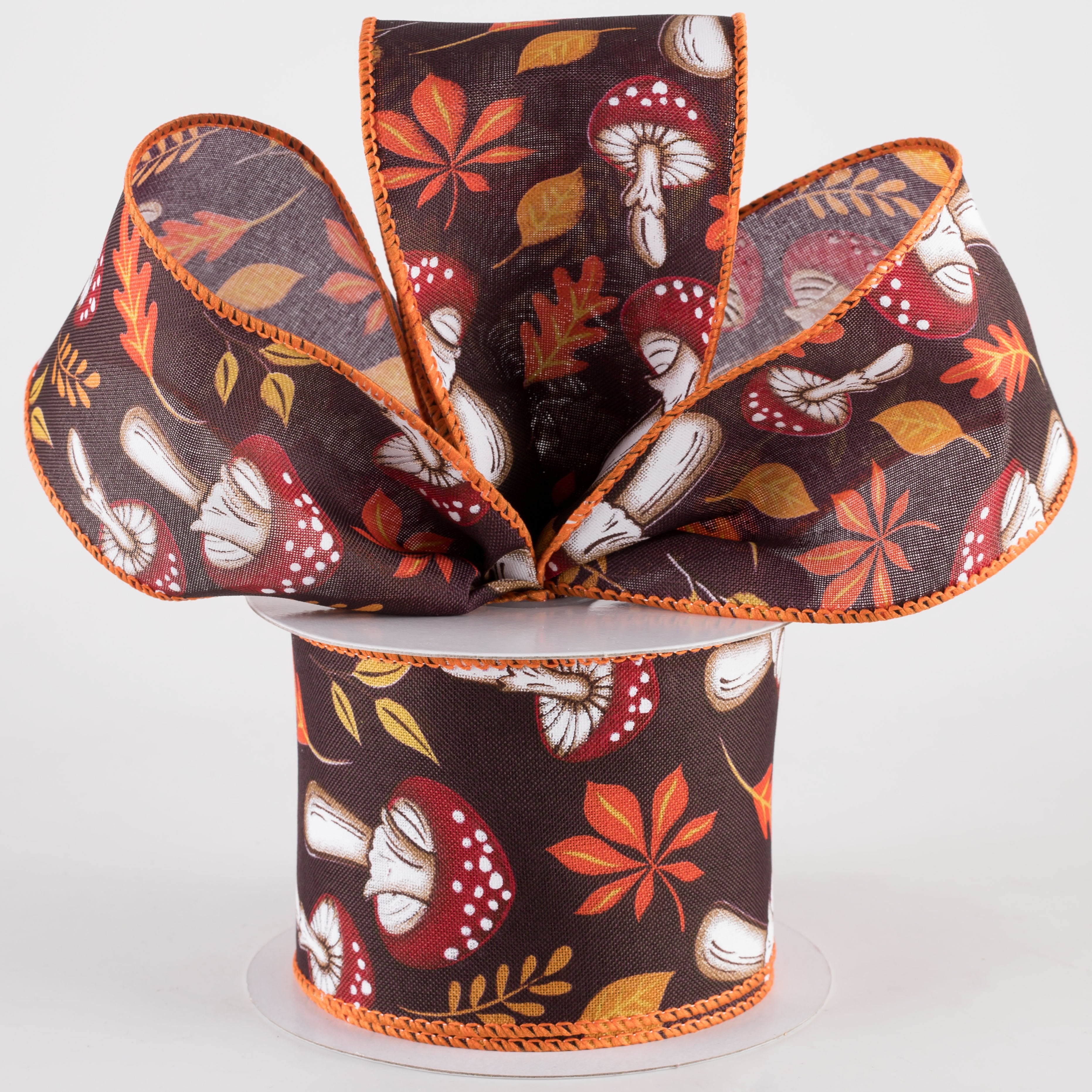 2.5" Earthy Fall Mushrooms Ribbon: Dark Brown (10 Yards)