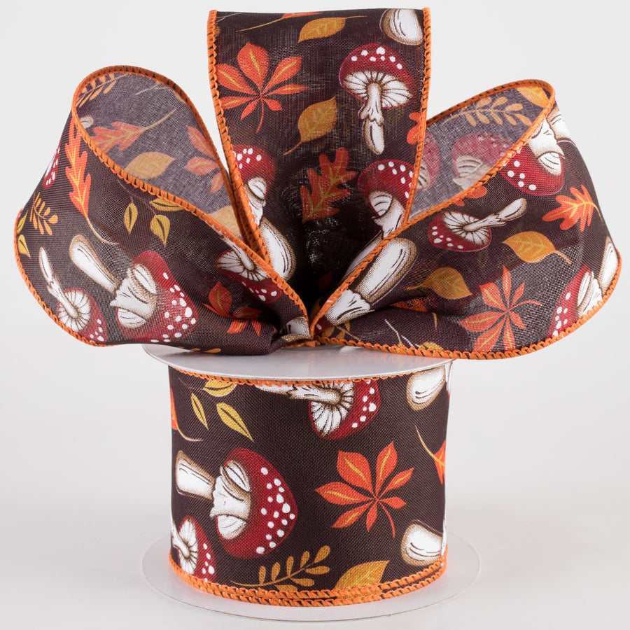2.5" Earthy Fall Mushrooms Ribbon: Dark Brown (10 Yards)
