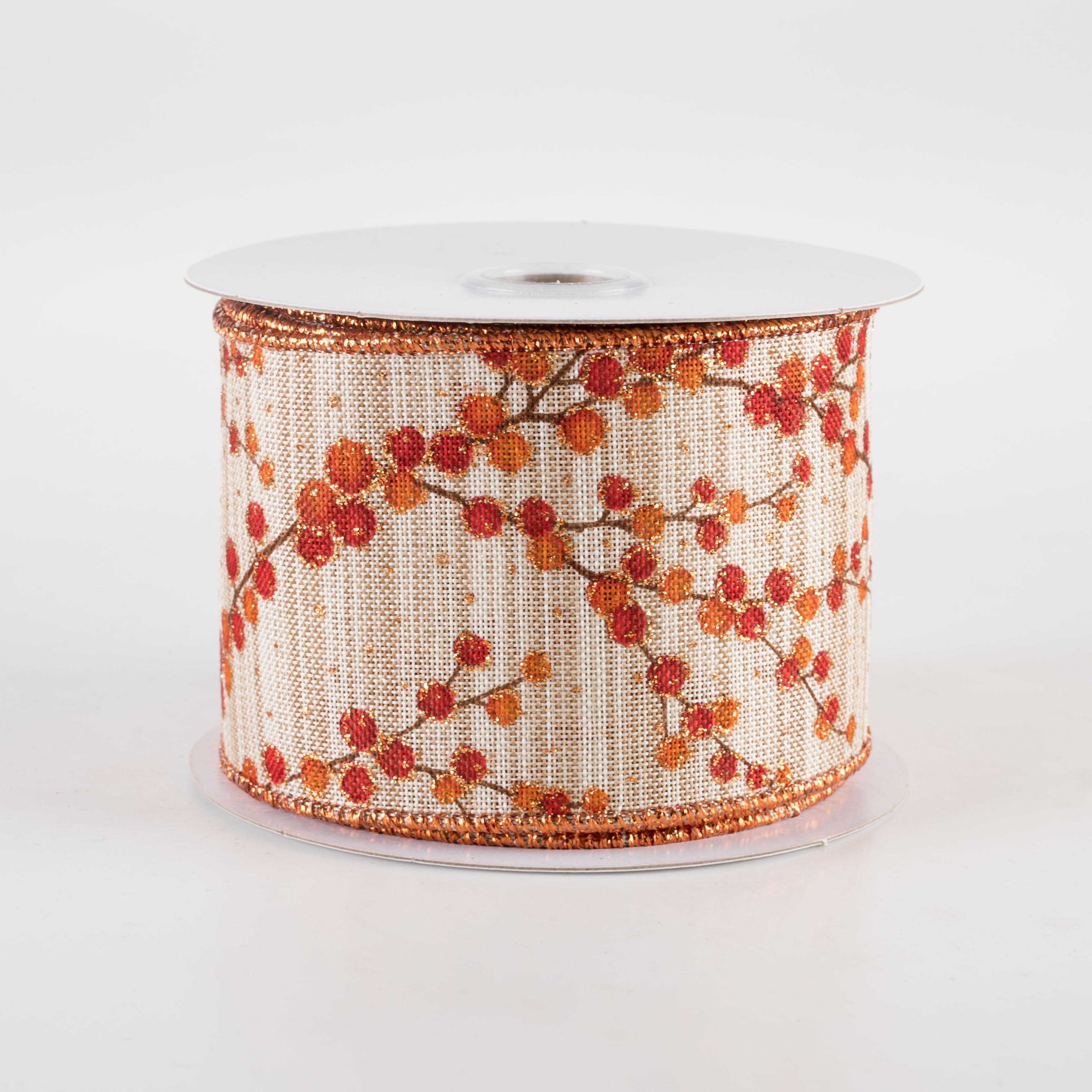 2.5" Two-Tone Textured Linen Fall Berry Branches Ribbon (10 Yards)