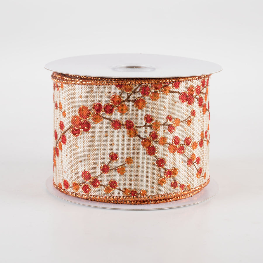 2.5" Two-Tone Textured Linen Fall Berry Branches Ribbon (10 Yards)