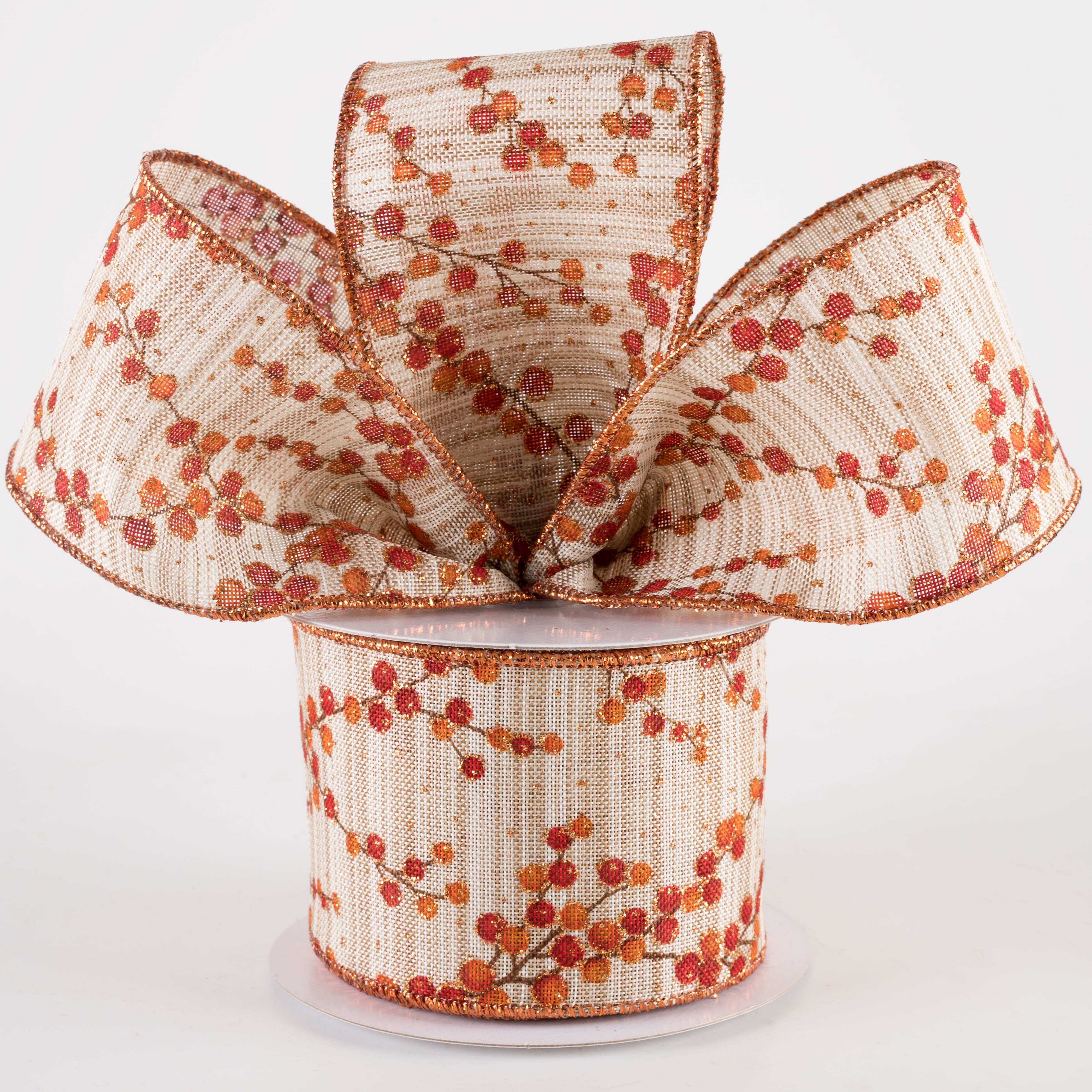 2.5" Two-Tone Textured Linen Fall Berry Branches Ribbon (10 Yards)