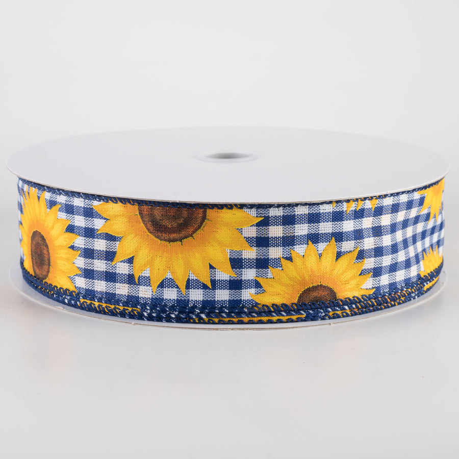 1.5" Sunflowers on Gingham Ribbon: Royal Blue & White (50 Yards)