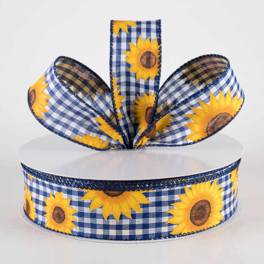 1.5" Sunflowers on Gingham Ribbon: Royal Blue & White (50 Yards)