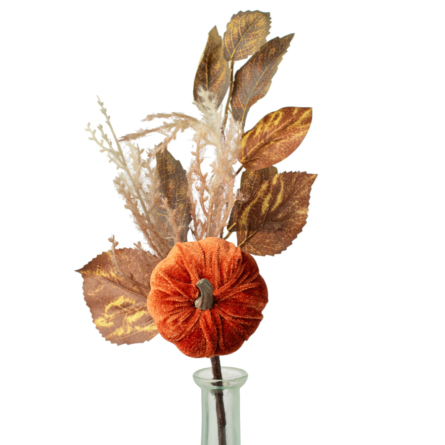 12" Velvet Pumpkin & Leaves Pick: Dark Brown