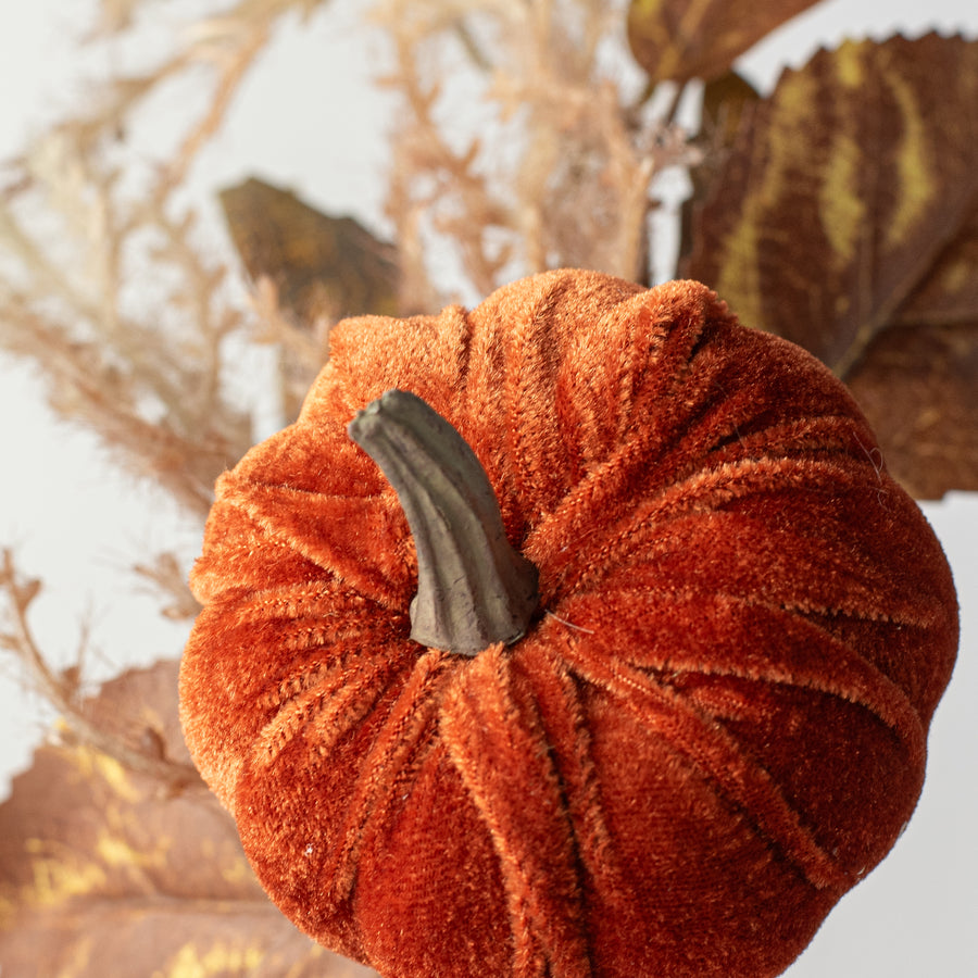 12" Velvet Pumpkin & Leaves Pick: Dark Brown