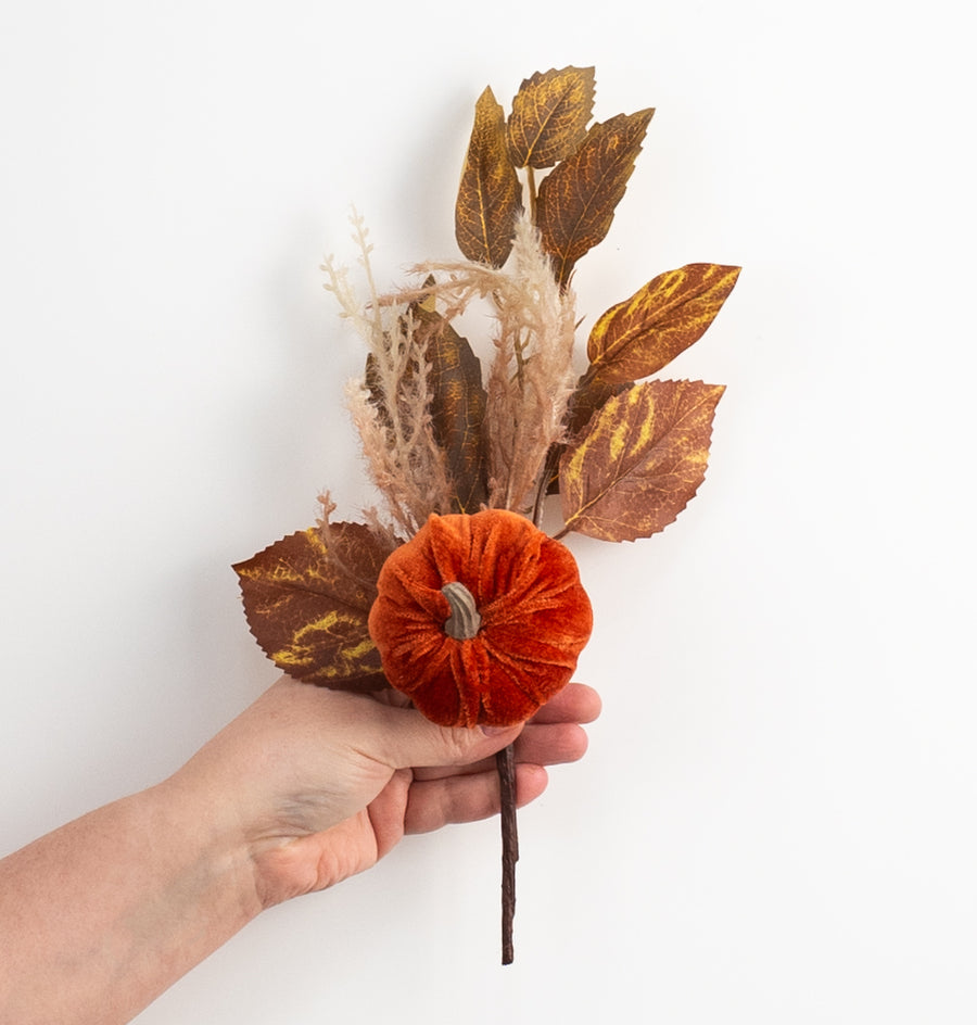 12" Velvet Pumpkin & Leaves Pick: Dark Brown