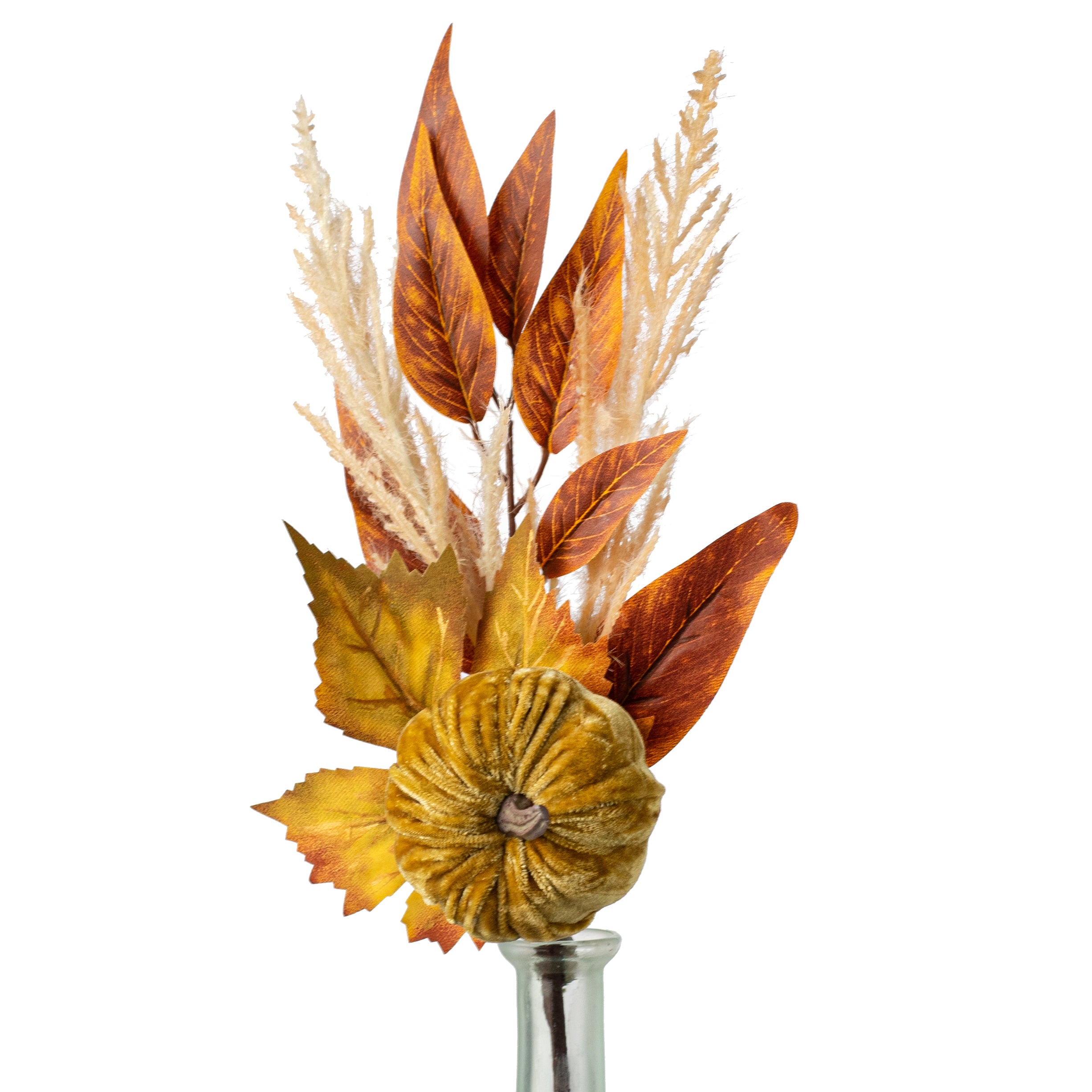 12" Velvet Pumpkin & Leaves Pick: Light Brown