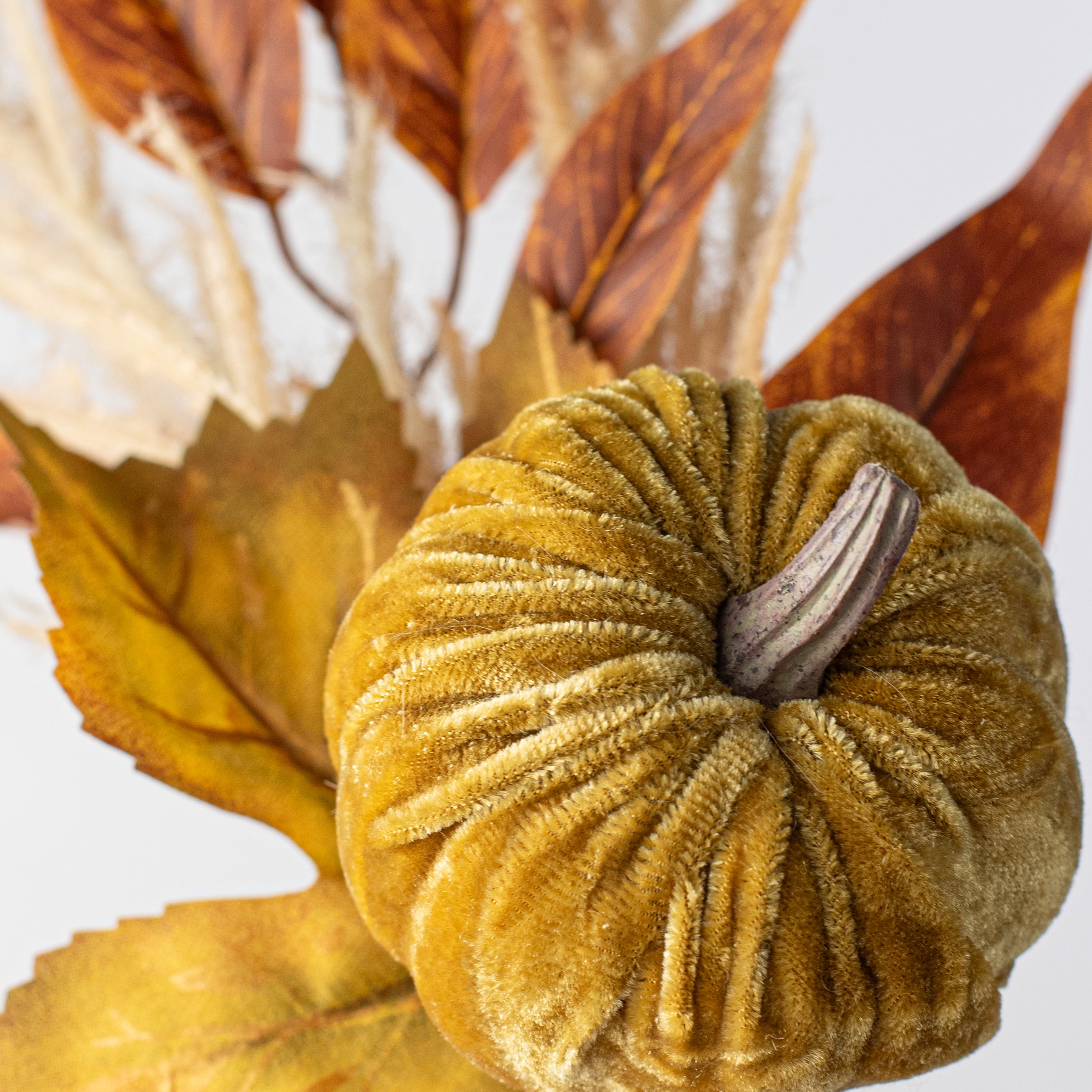 12" Velvet Pumpkin & Leaves Pick: Light Brown
