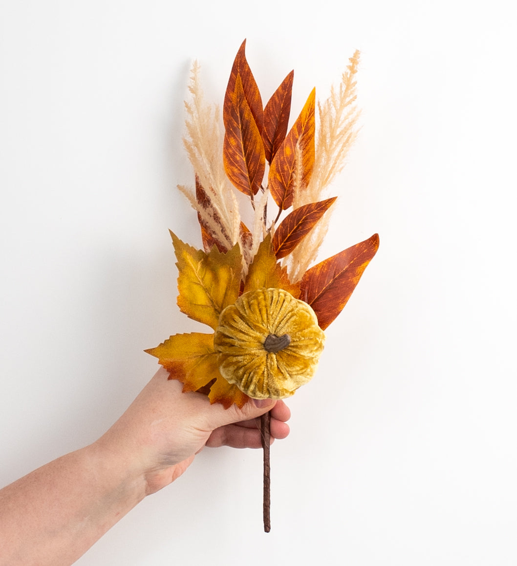 12" Velvet Pumpkin & Leaves Pick: Light Brown