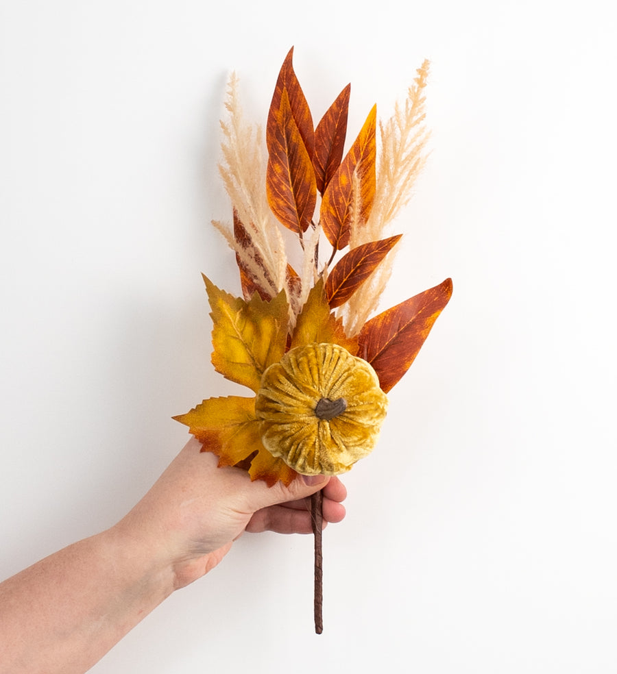 12" Velvet Pumpkin & Leaves Pick: Light Brown
