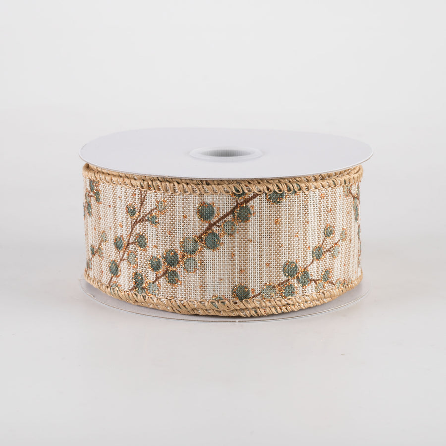 1.5" Two-Tone Textured Linen Berry Branches Ribbon: Dusty Teal (10 Yards)