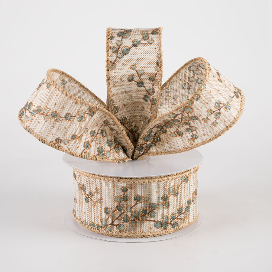 1.5" Two-Tone Textured Linen Berry Branches Ribbon: Dusty Teal (10 Yards)