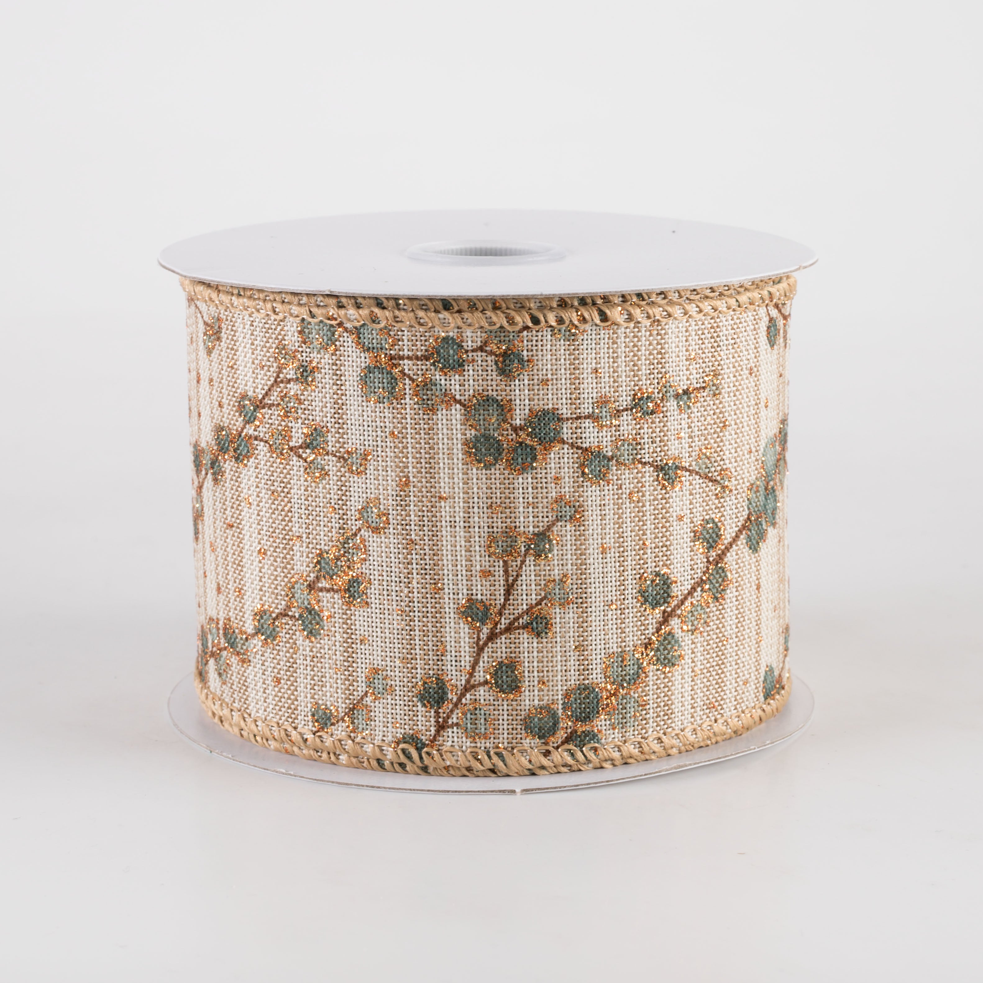 2.5" Two-Tone Textured Linen Berry Branches Ribbon: Dusty Teal (10 Yards)