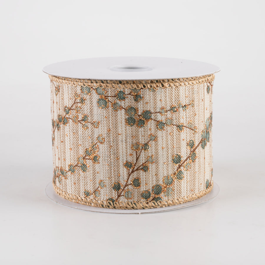 2.5" Two-Tone Textured Linen Berry Branches Ribbon: Dusty Teal (10 Yards)