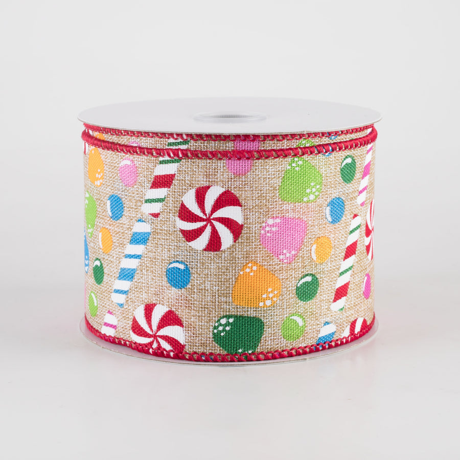 2.5" Printed Linen Christmas Candy Stripes Ribbon: Natural (10 Yards)