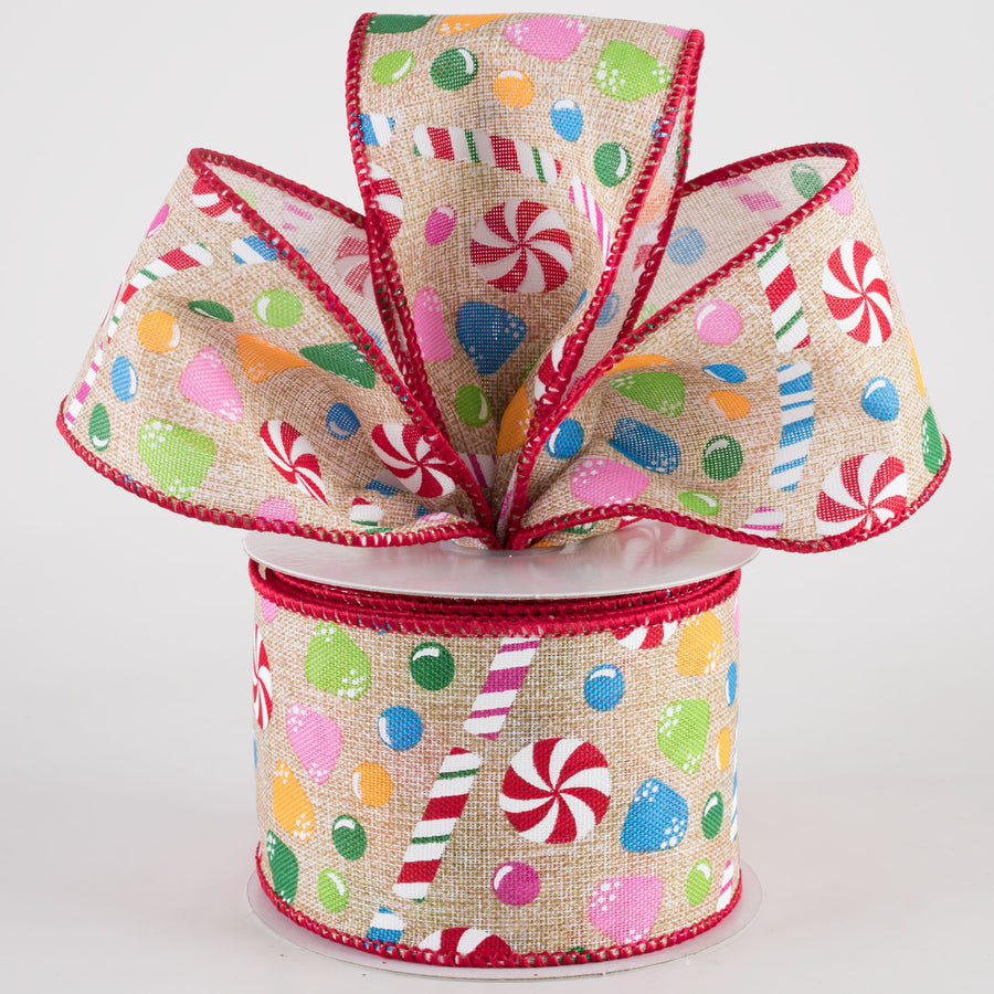 2.5" Printed Linen Christmas Candy Stripes Ribbon: Natural (10 Yards)
