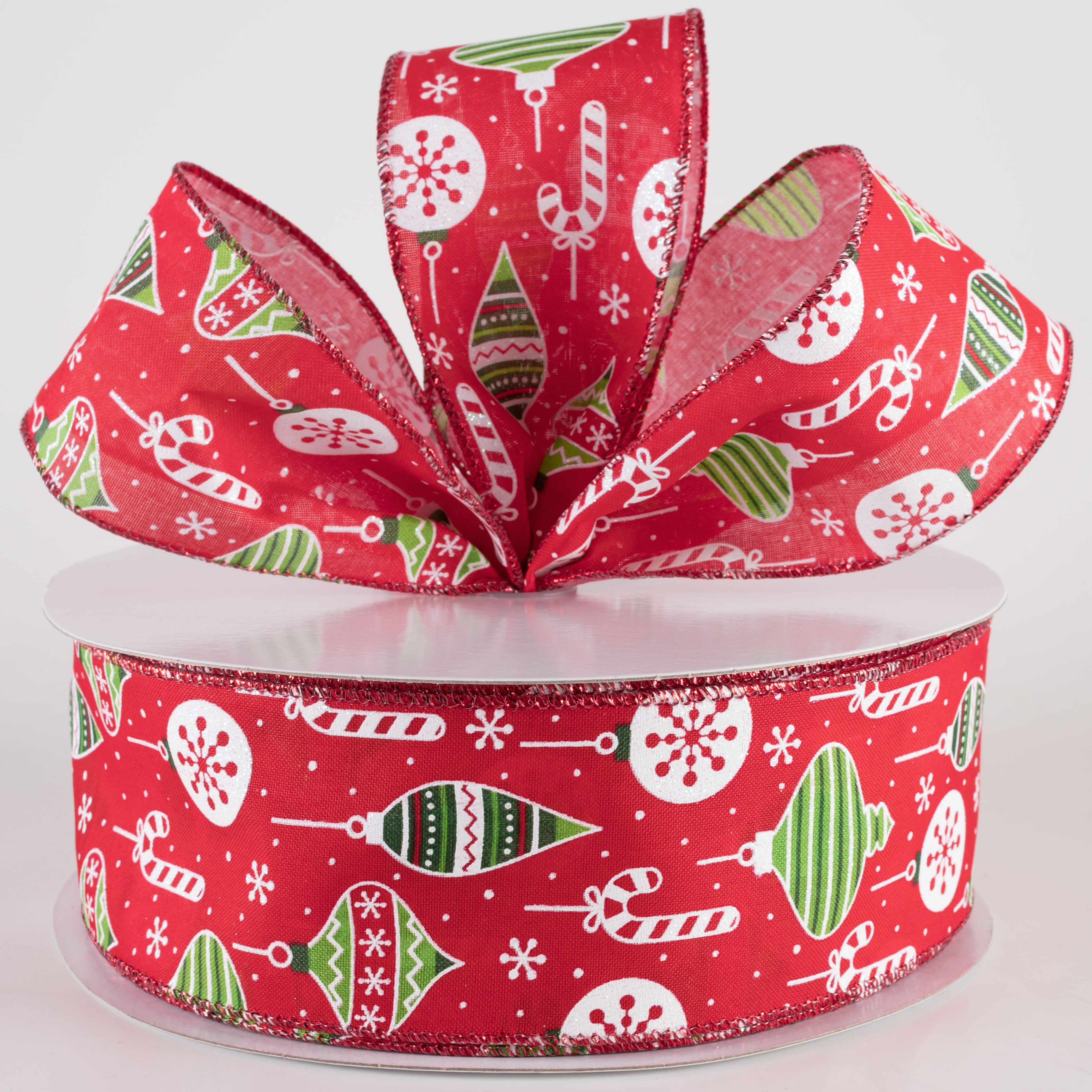 2.5" Hanging Christmas Ornaments Ribbon: Green on Red (50 Yards)