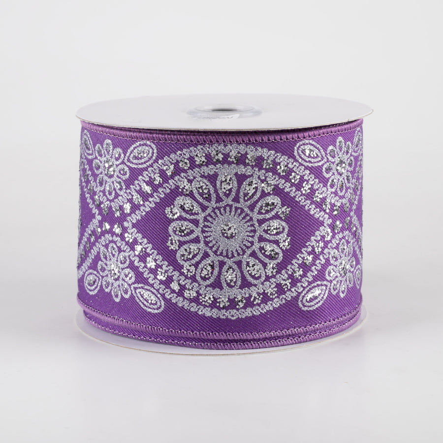 2.5" Deluxe Wavy Floral Ribbon: Purple & Silver (10 Yards)