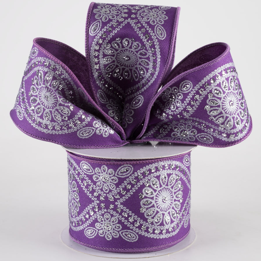 2.5" Deluxe Wavy Floral Ribbon: Purple & Silver (10 Yards)