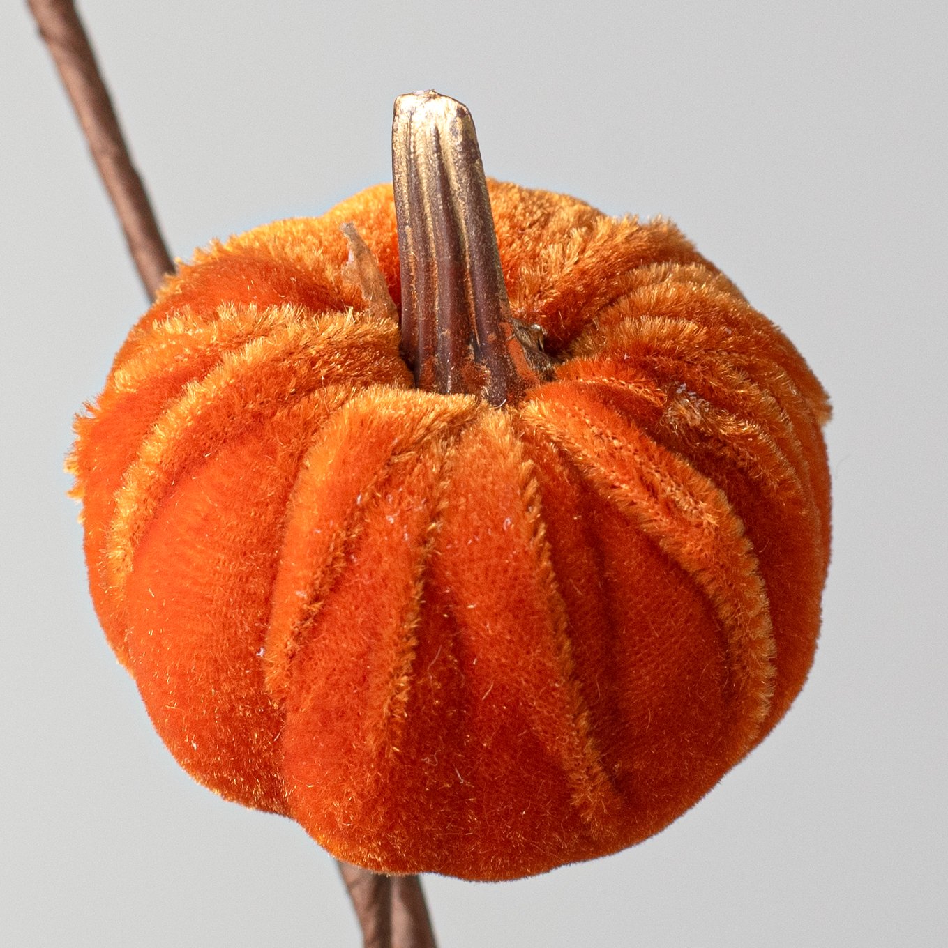 15" Velvet Pumpkins with Gold Stem Pick: Orange
