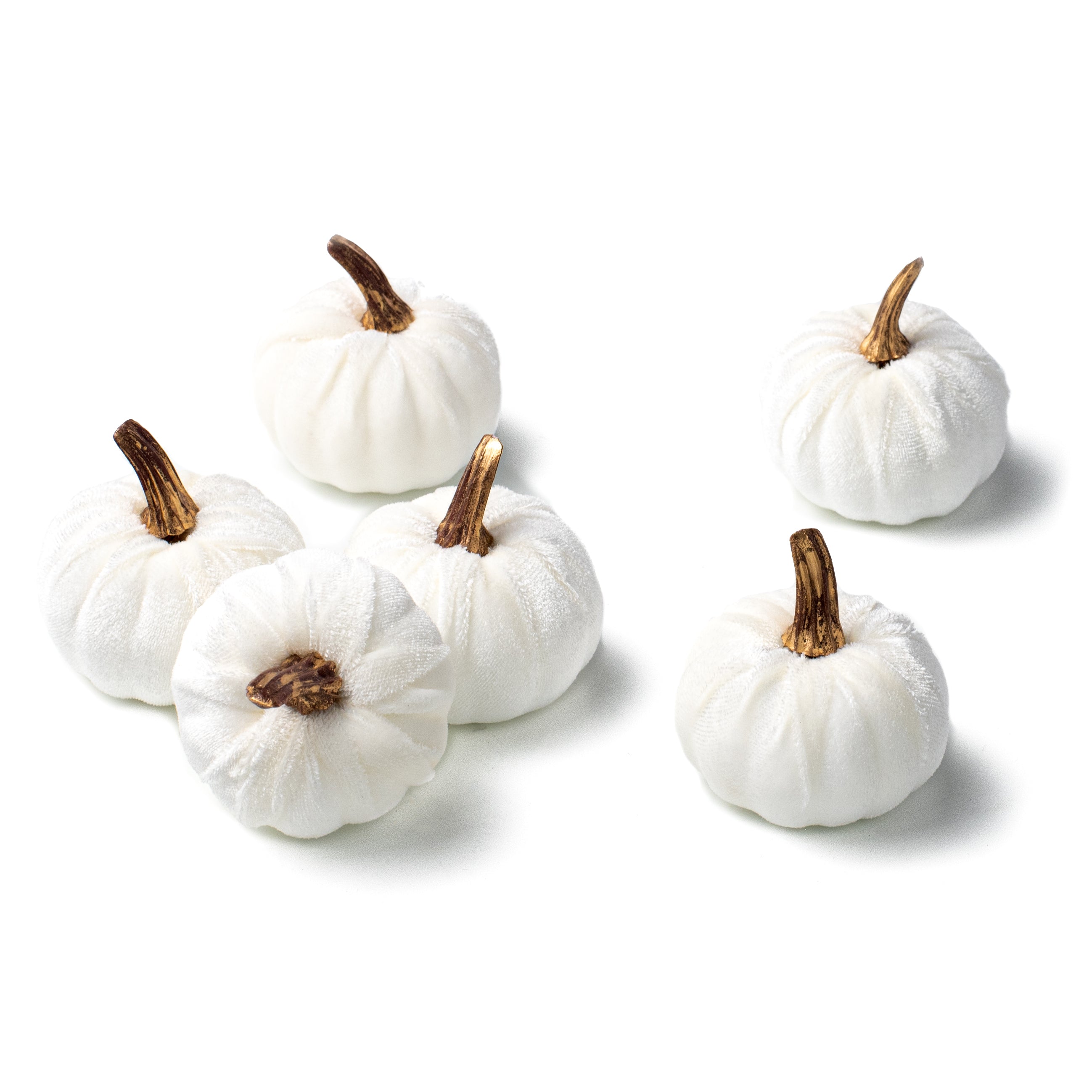 2" Velvet Pumpkins with Gold Stems: White (Pack of 6)