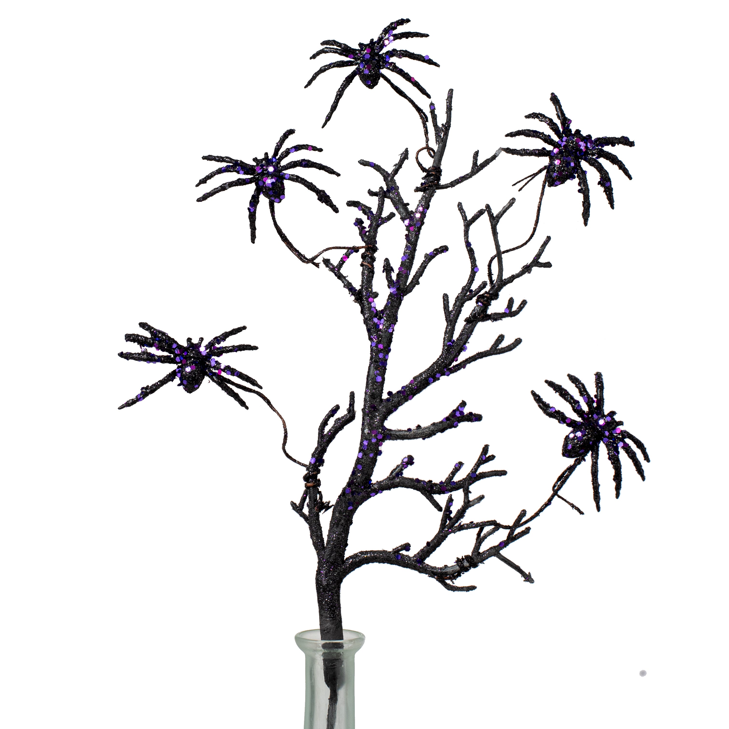 19" Glittered Spiders Twig Branch Spray: Black & Purple