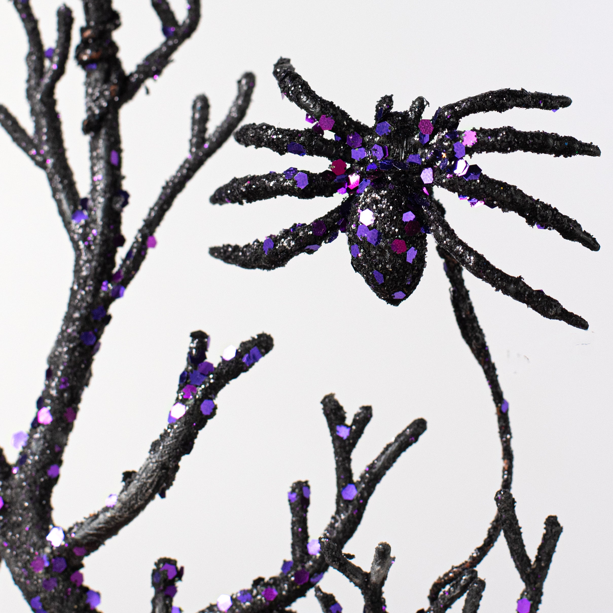 19" Glittered Spiders Twig Branch Spray: Black & Purple