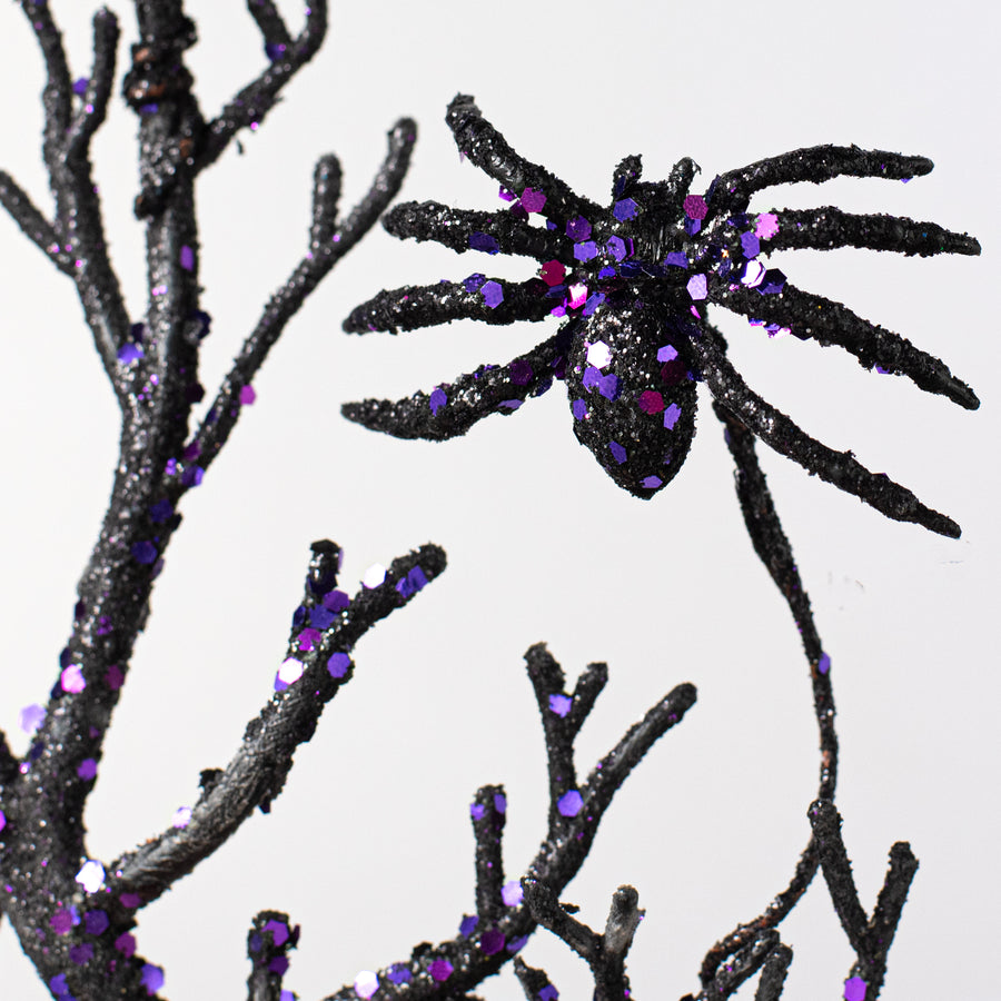 19" Glittered Spiders Twig Branch Spray: Black & Purple