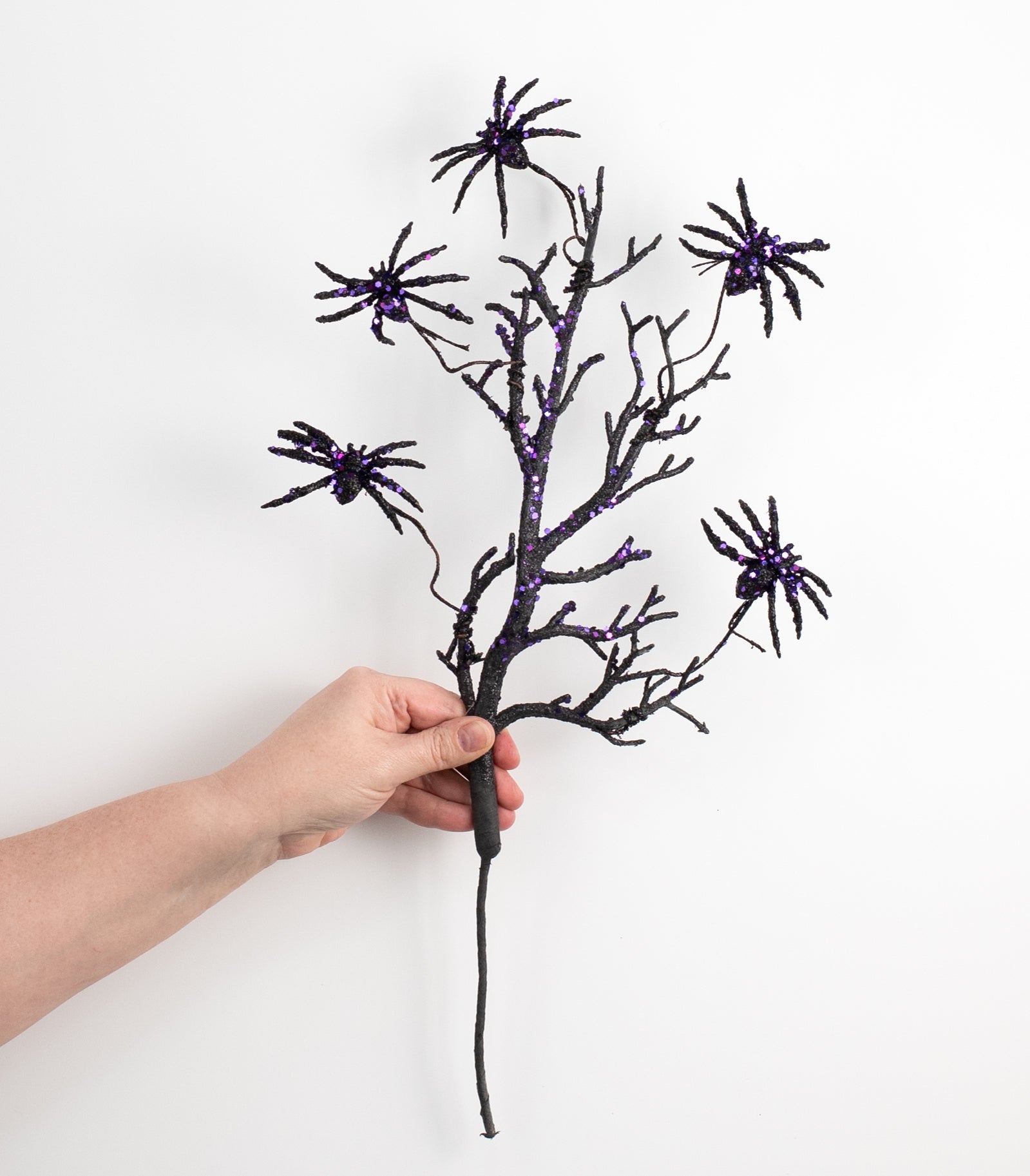 19" Glittered Spiders Twig Branch Spray: Black & Purple
