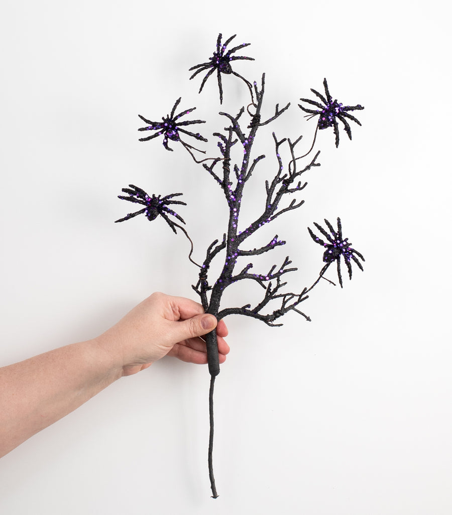 19" Glittered Spiders Twig Branch Spray: Black & Purple