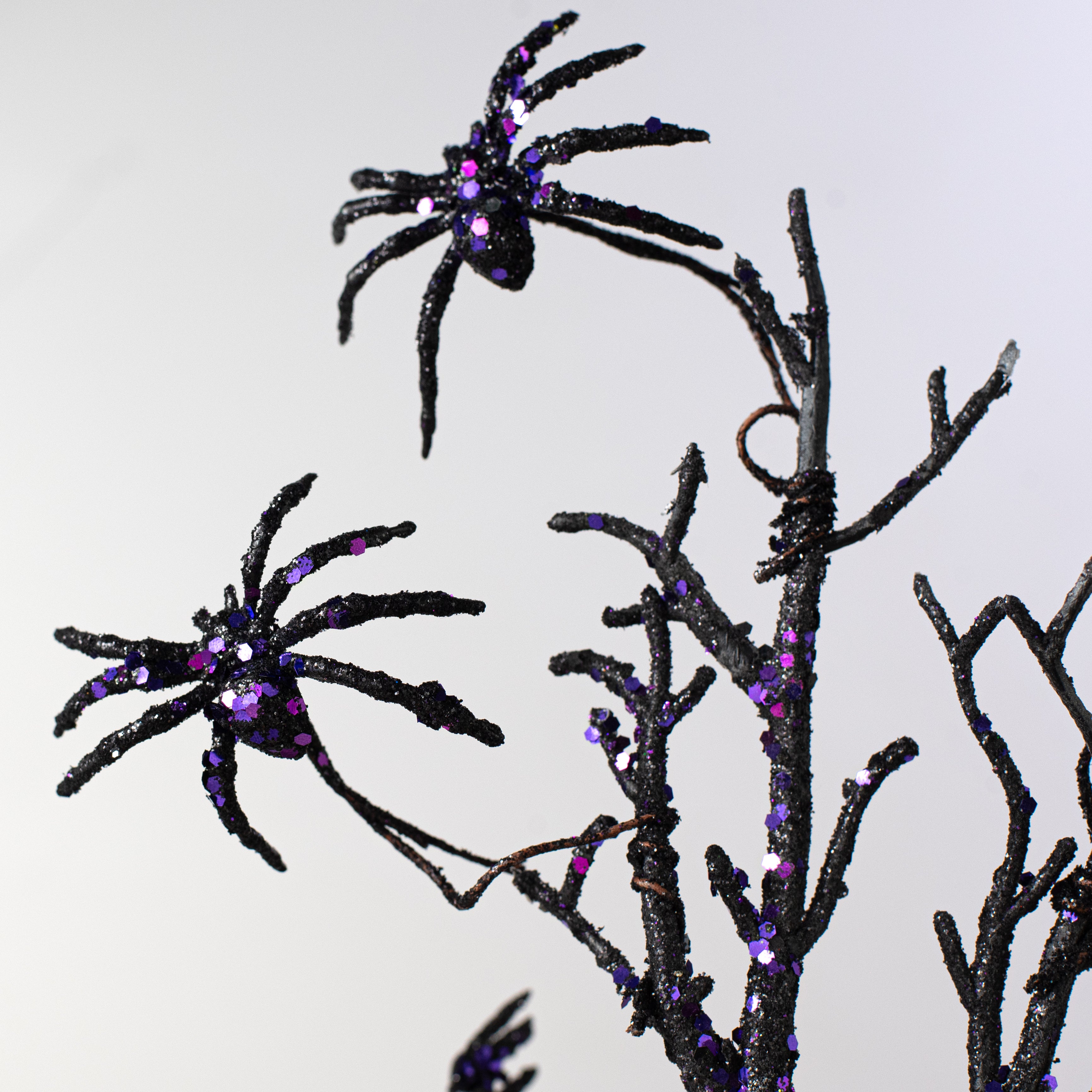 19" Glittered Spiders Twig Branch Spray: Black & Purple