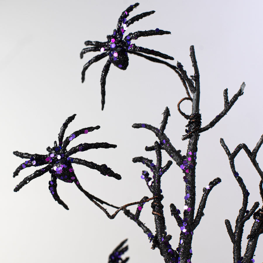 19" Glittered Spiders Twig Branch Spray: Black & Purple