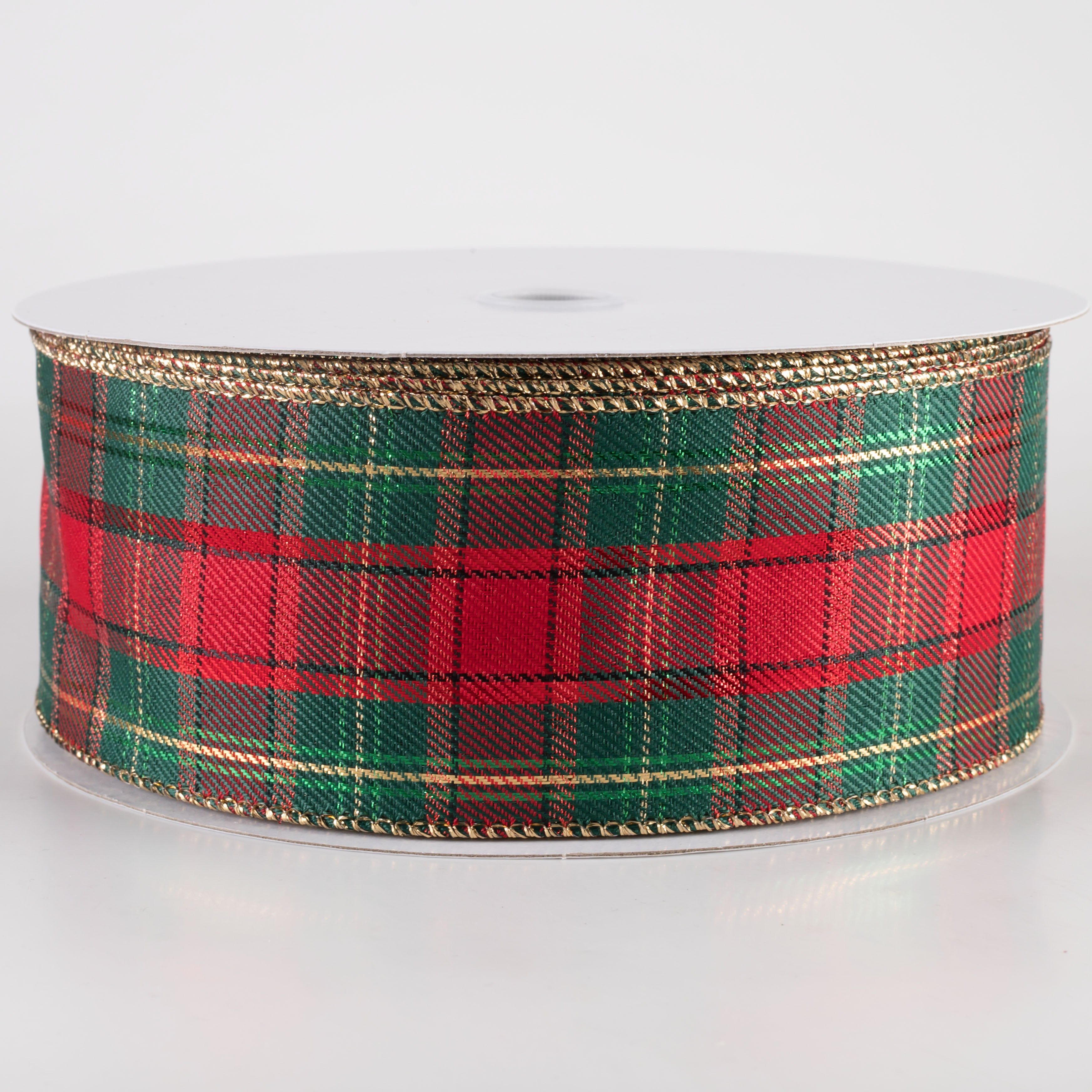 2.5" Metallic Henry Plaid Ribbon: Red, Hunter Green & Gold (50 Yards)