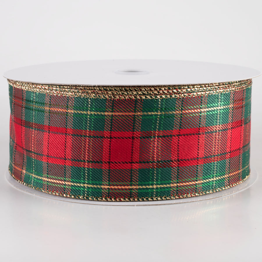 2.5" Metallic Henry Plaid Ribbon: Red, Hunter Green & Gold (50 Yards)