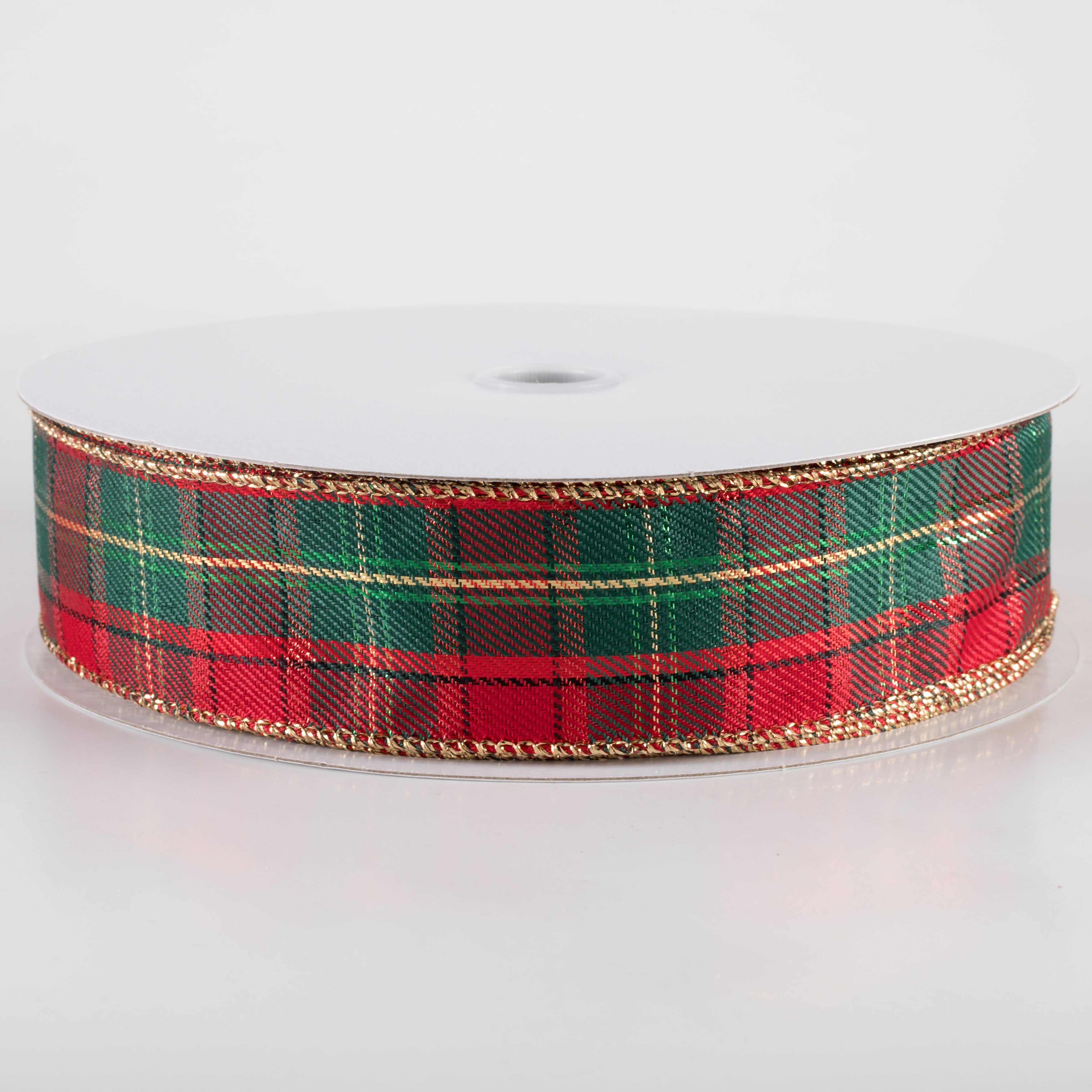 1.5" Metallic Henry Plaid Ribbon: Red, Hunter Green & Gold (50 Yards)