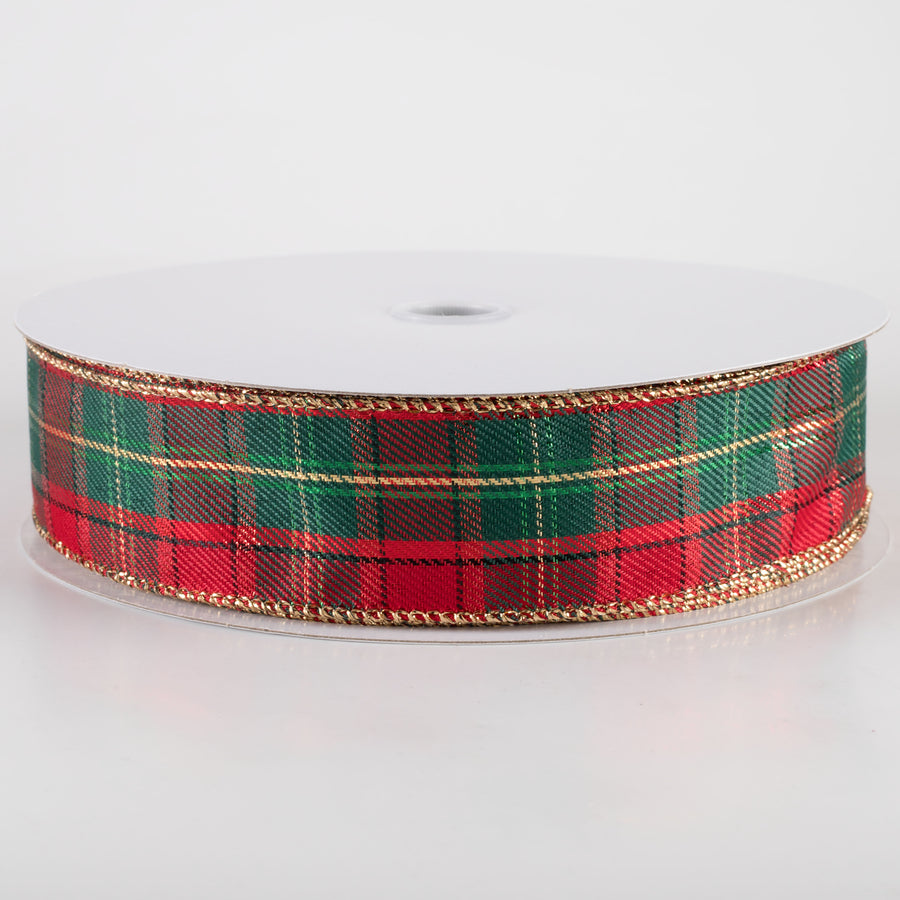1.5" Metallic Henry Plaid Ribbon: Red, Hunter Green & Gold (50 Yards)